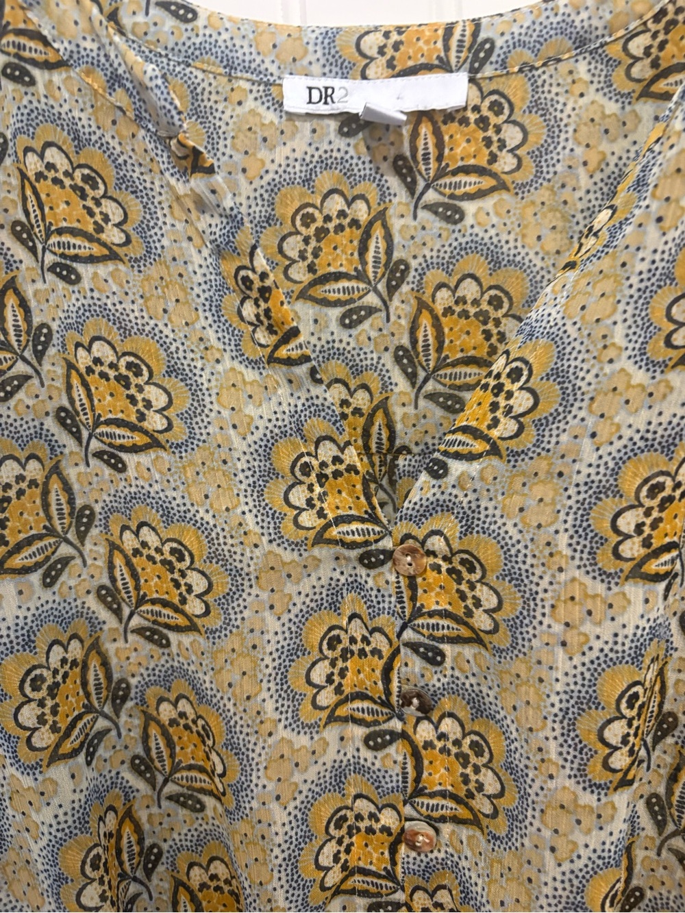 DR2 mustard Yellow Floral Tie-Waist Cap Sleeve Blouse EUC - Picture 3 of 6